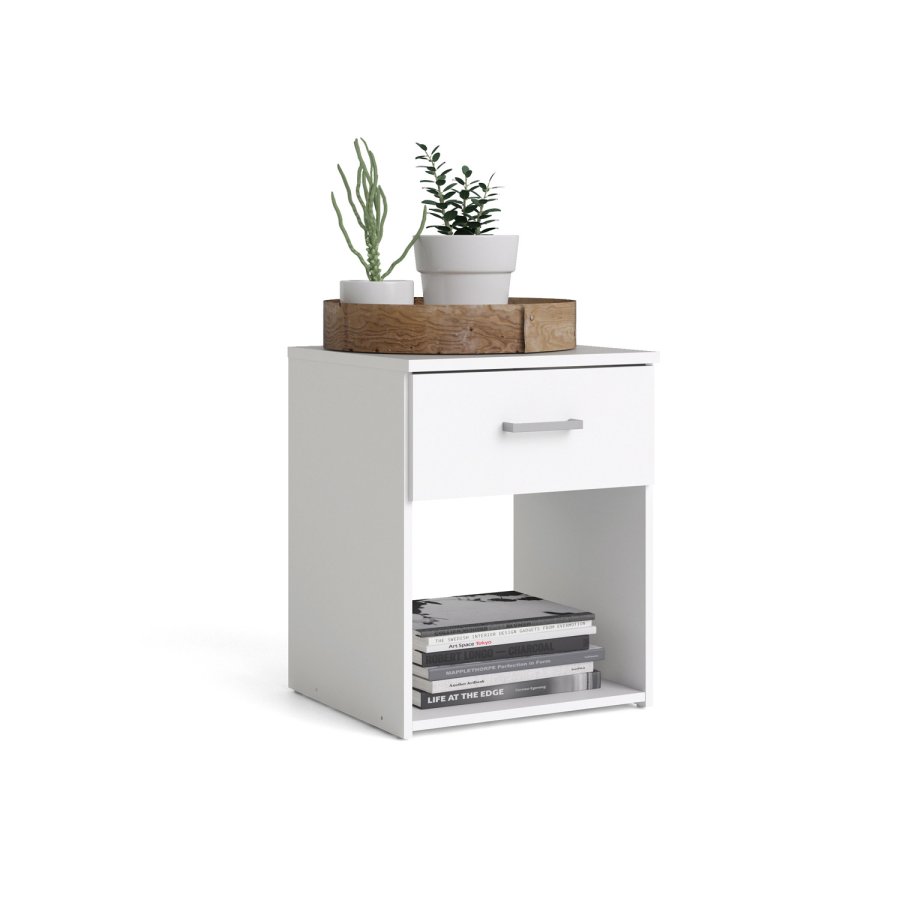 
TVILUM Space sengebord - kvadratisk, hvidt komposittræ, laminat, med 1 skuffe og 1 rum
