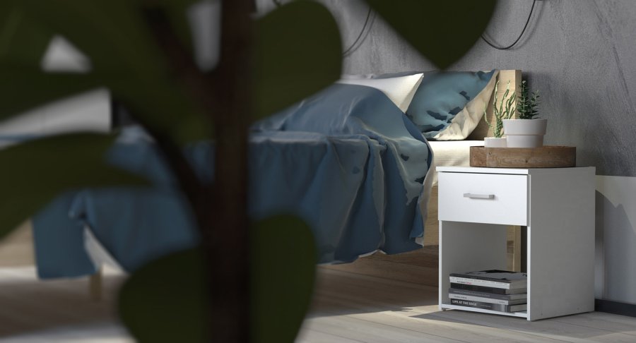 
TVILUM Space sengebord - kvadratisk, hvidt komposittræ, laminat, med 1 skuffe og 1 rum
