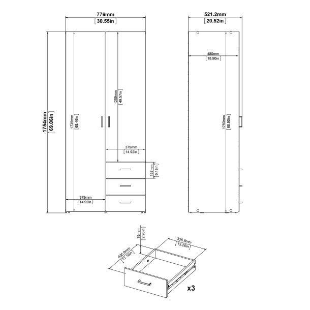 Space garderobeskab - hvid tr, m. 2 lger og 3 skuffer