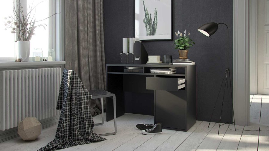 TVILUM Function Plus Schreibtisch - mattschwarzes Holz, mit 1 Tür und 1 Schublade