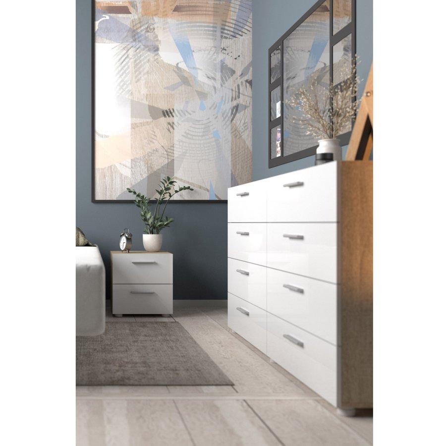 TVILUM Pepe Nachttisch - Eiche Struktur/Weiß Hochglanz, mit 2 Schubladen 