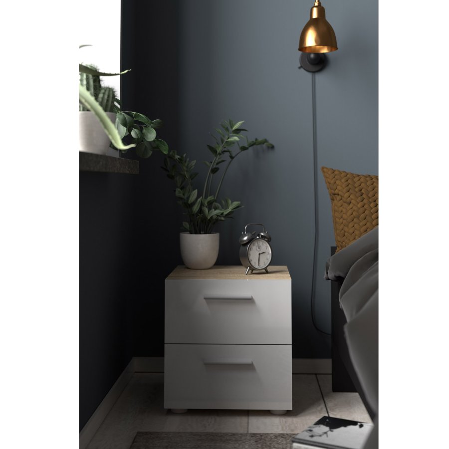 TVILUM Pepe Nachttisch - Eiche Struktur/Weiß Hochglanz, mit 2 Schubladen 