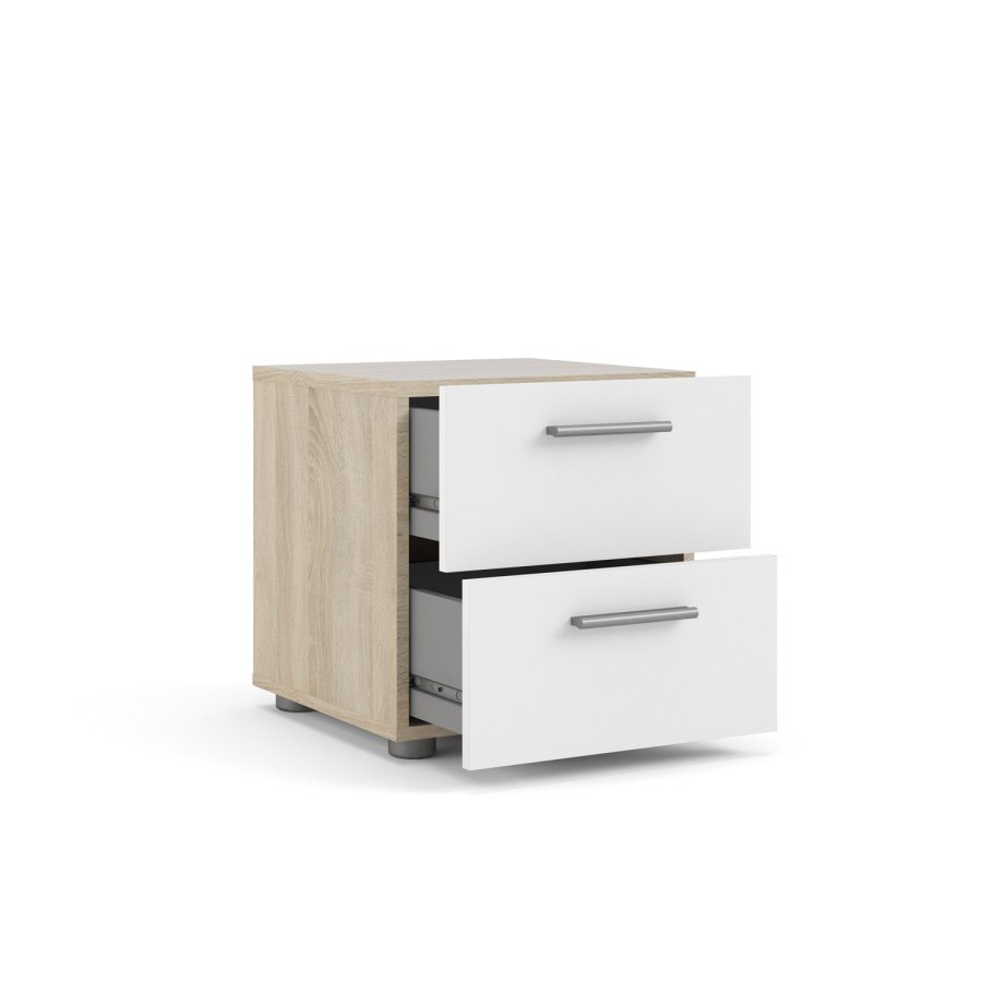 TVILUM Pepe Nachttisch - Eiche Struktur/Weiß Hochglanz, mit 2 Schubladen 