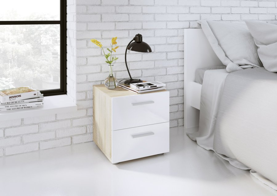 TVILUM Pepe Nachttisch - Eiche Struktur/Weiß Hochglanz, mit 2 Schubladen 