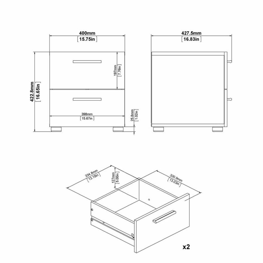 TVILUM Pepe Nachttisch, m. 2 Schubladen - schwarze Folie und Kunststoff (40x40,25)