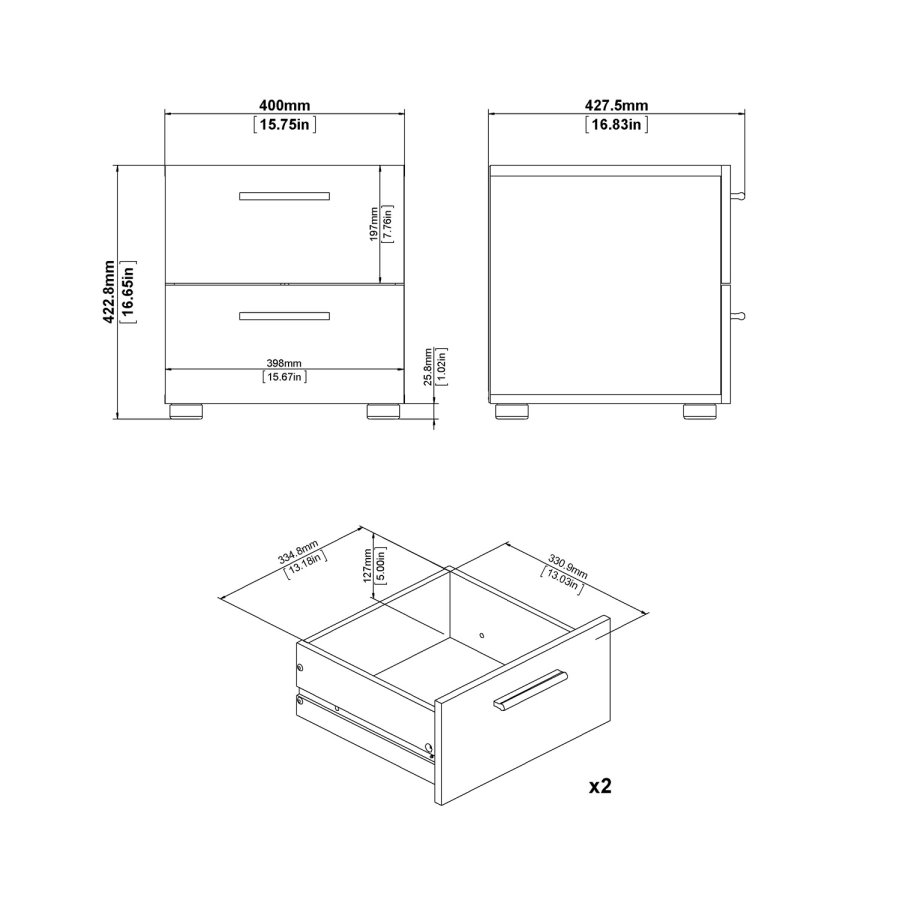 TVILUM Pepe Nachttisch - Eiche Struktur/Weiß Hochglanz, mit 2 Schubladen 