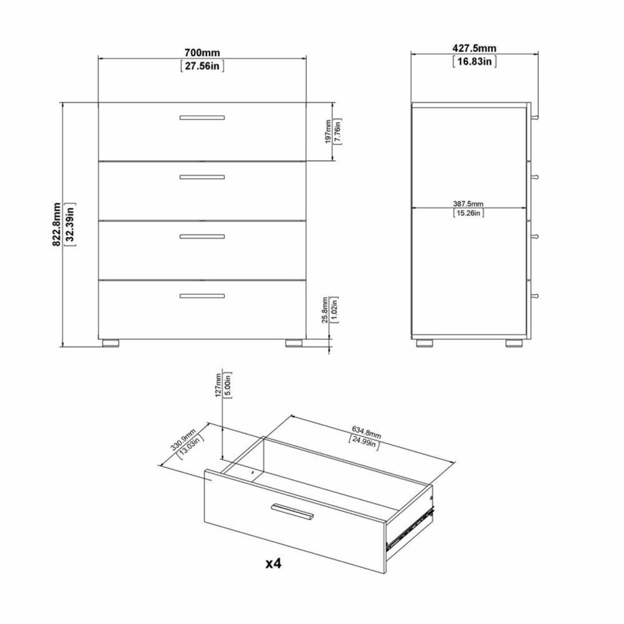 TVILUM Pepe Kommode, m. 4 Schubladen - schwarze Folie und Kunststoff