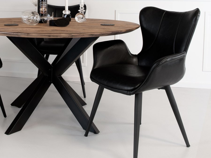 HOUSE OF SANDER Mist Esszimmerstuhl, mit Armlehnen – schwarzes Kunstleder mit schwarzen Beinen