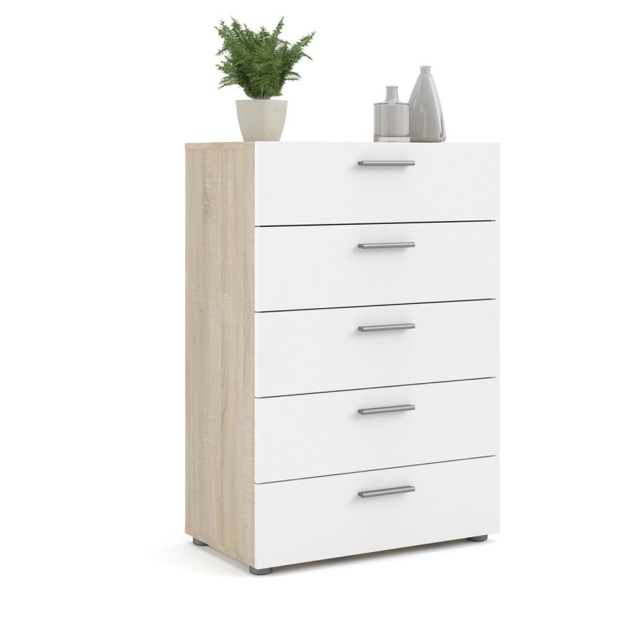TVILUM Pepe Kommode - Weiß Hochglanz/Naturholz/Eichenfurnier, mit 5 Schubladen