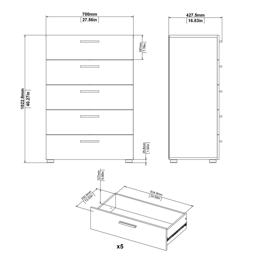 TVILUM Pepe Kommode - Weiß Hochglanz/Naturholz/Eichenfurnier, mit 5 Schubladen