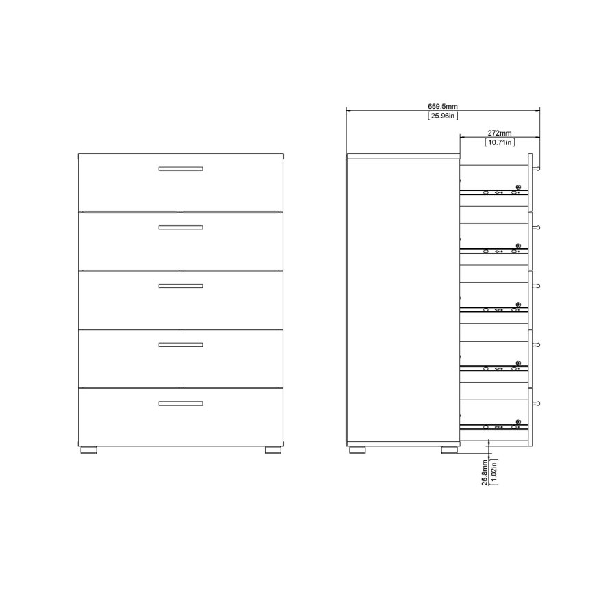 TVILUM Pepe Kommode - Weiß Hochglanz/Naturholz/Eichenfurnier, mit 5 Schubladen