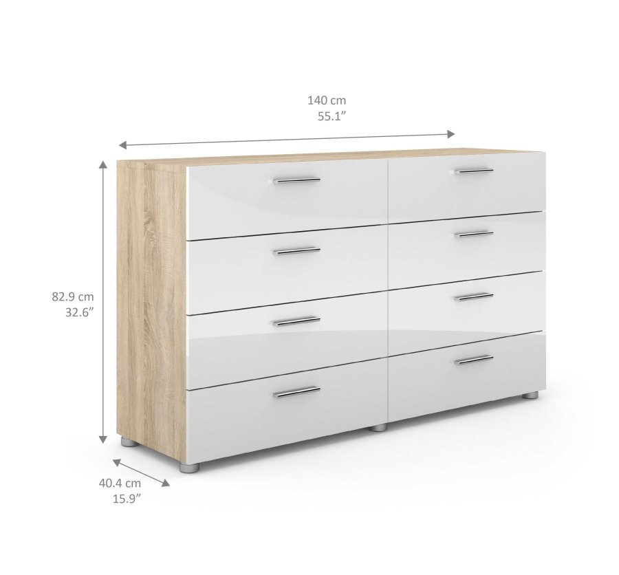 TVILUM Pepe kommode - hvid hjglans/natur tr/egetrsfinr, m. 8 skuffer