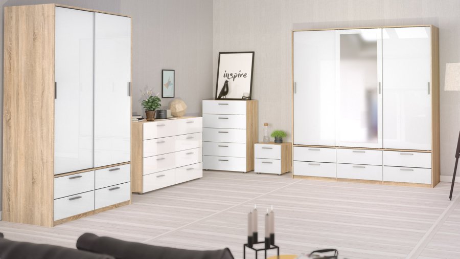 TVILUM Pepe Nachttisch - Eiche Struktur/Weiß Hochglanz, mit 2 Schubladen 