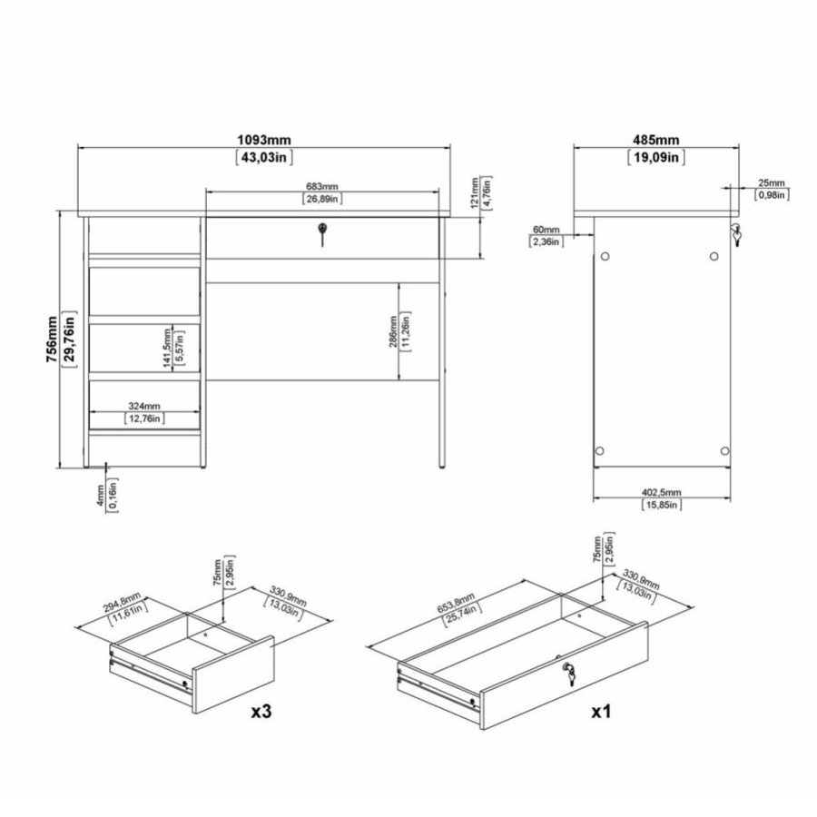 TVILUM Function Plus Schreibtisch, m. 1 Fach und 4 Schubladen - weiße Folie und Melamin (109,3x48,5)