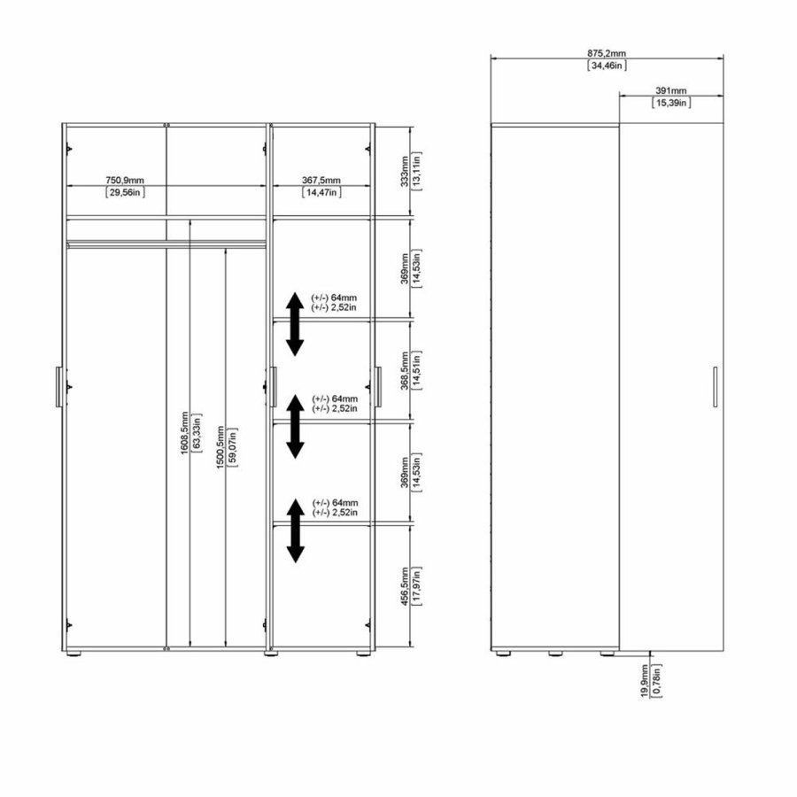 TVILUM Pepe Kleiderschrank, m. 3 Türen - weiß und eichenfarbene Folie