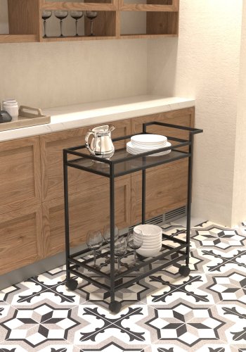 NORDVÄRK Vortex-tralle, med 1 hylle og hjul - glass og svart metall (60x35)