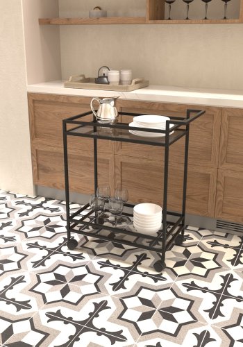 NORDVÄRK Vortex-tralle, med 1 hylle og hjul - glass og svart metall (60x35)