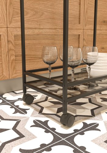 NORDVÄRK Vortex-tralle, med 1 hylle og hjul - glass og svart metall (60x35)