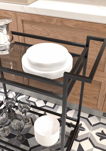 NORDVÄRK Vortex-tralle, med 1 hylle og hjul - glass og svart metall (60x35)