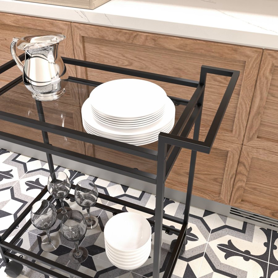 NORDVÄRK Vortex-tralle, med 1 hylle og hjul - glass og svart metall (60x35)