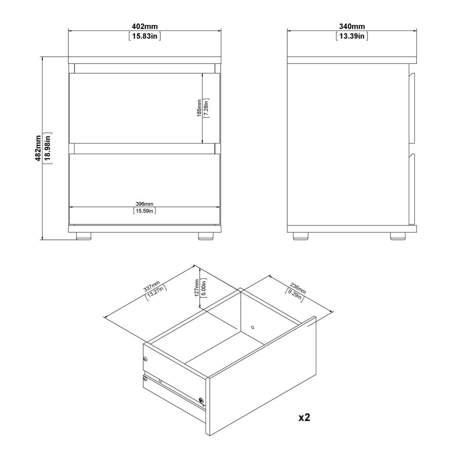 TVILUM Nova Nattbord - Naturfarget kompositttre, eikestruktur, 2 skuffer, Firkantet, (48x34)