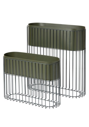 BROSTE COPENHAGEN Fenja blomsterpotte med stativ, oval - druebladgrnt jern (sett med 2)