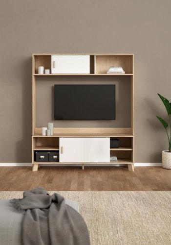 TVILUM Ikast TV-Wand mit 2 Schiebet�ren, Jackson Hickory/Wei�, 158,7 x 48,35 x 180,9 cm