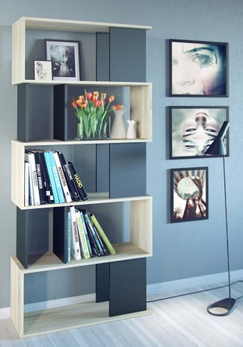 TVILUM Maze Bcherregal  Struktur aus natrlicher Eiche/Schwarz, mit 7 Fchern (H: 173,5 cm x 80 cm x 29,5 cm)