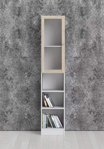 TVILUM Basic bokhylle, m. 1 glassdr - hvit og eikefarget folie