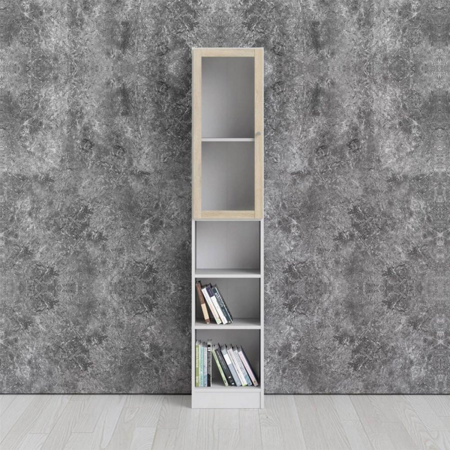 TVILUM Basic bokhylle, m. 1 glassdr - hvit og eikefarget folie