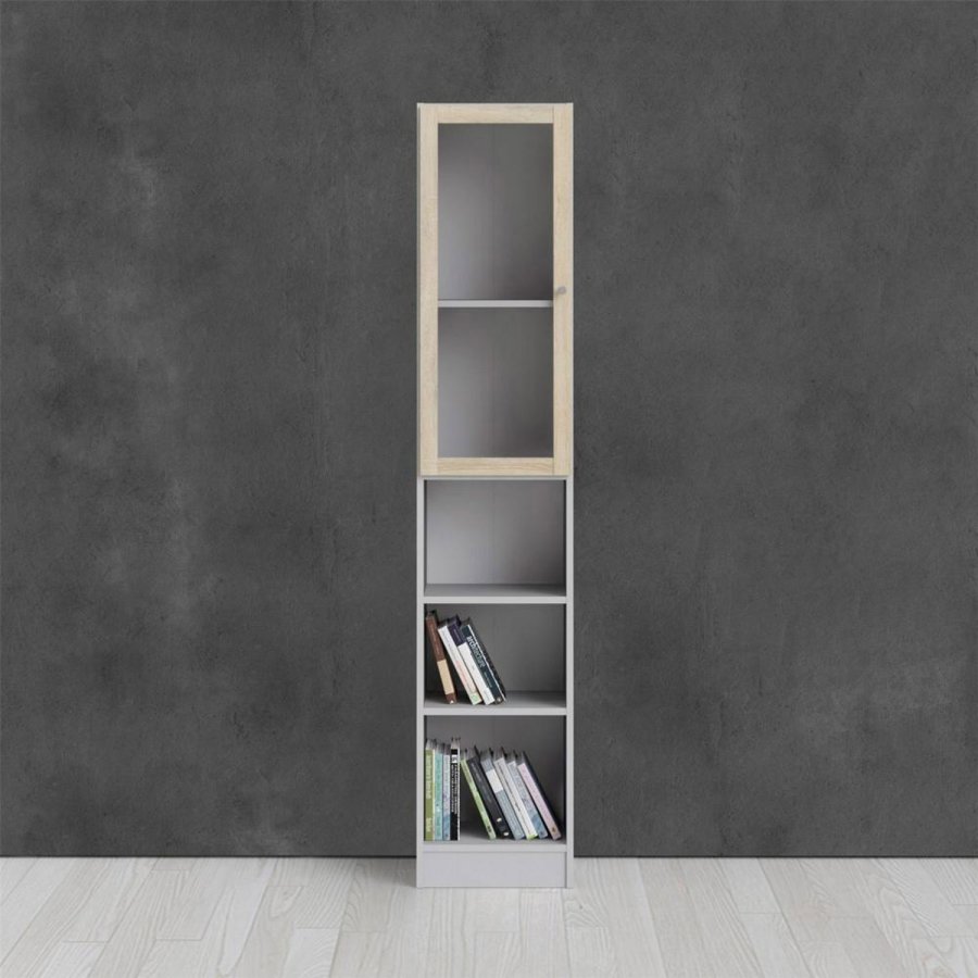 TVILUM Basic bokhylle, m. 1 glassdr - hvit og eikefarget folie