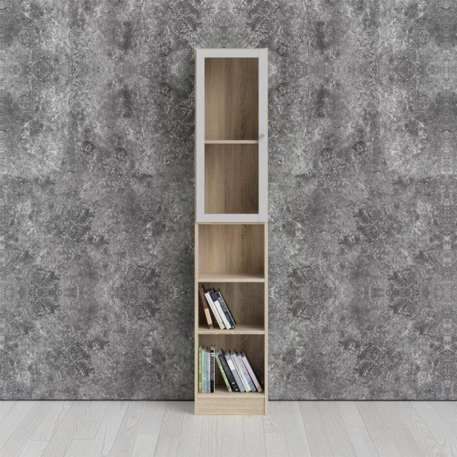 TVILUM Basic bokhylle, m. 1 glassdr - hvit og eikefarget folie