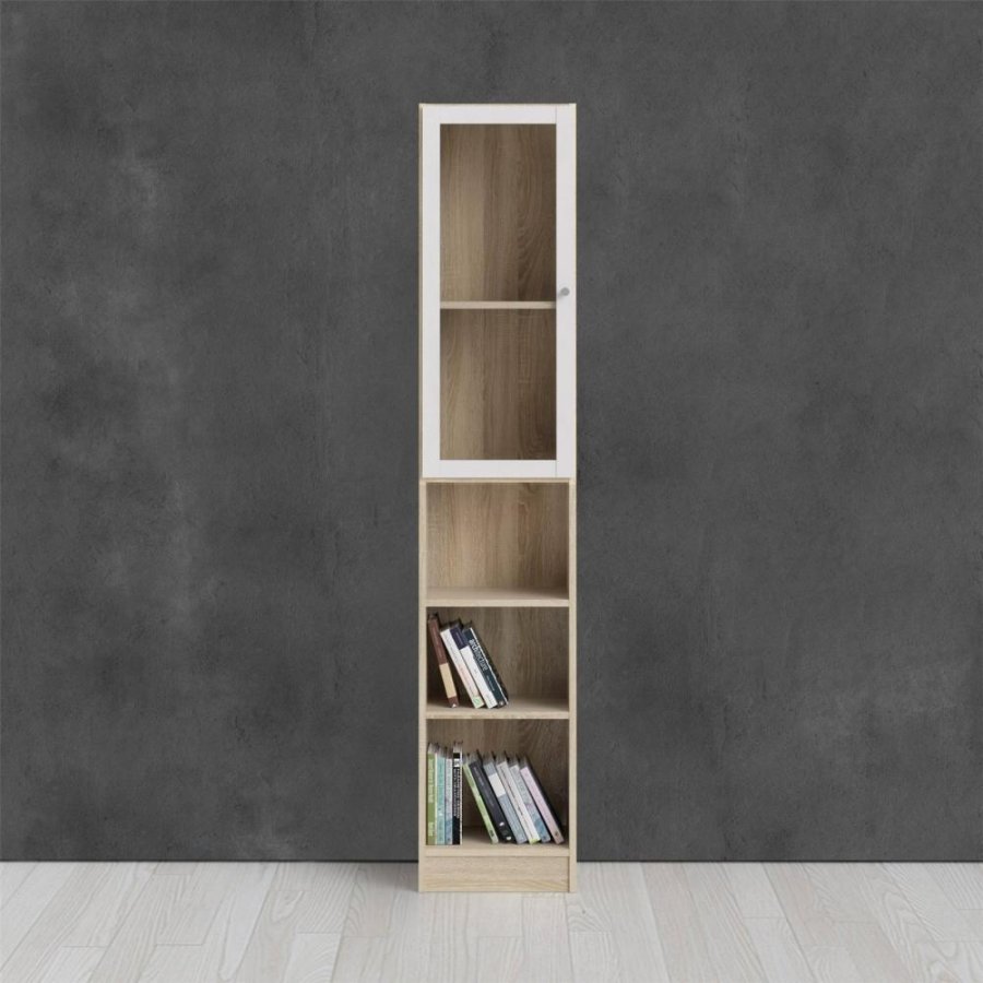 TVILUM Basic bokhylle, m. 1 glassdr - hvit og eikefarget folie