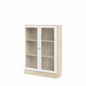 TVILUM Basic bokhylle, m. 2 glassdrer - hvit og eikefarget folie