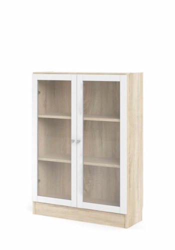 TVILUM Basic Bokhylla, med 2 Glasdörrar - Vit och Ekfärgad Folie