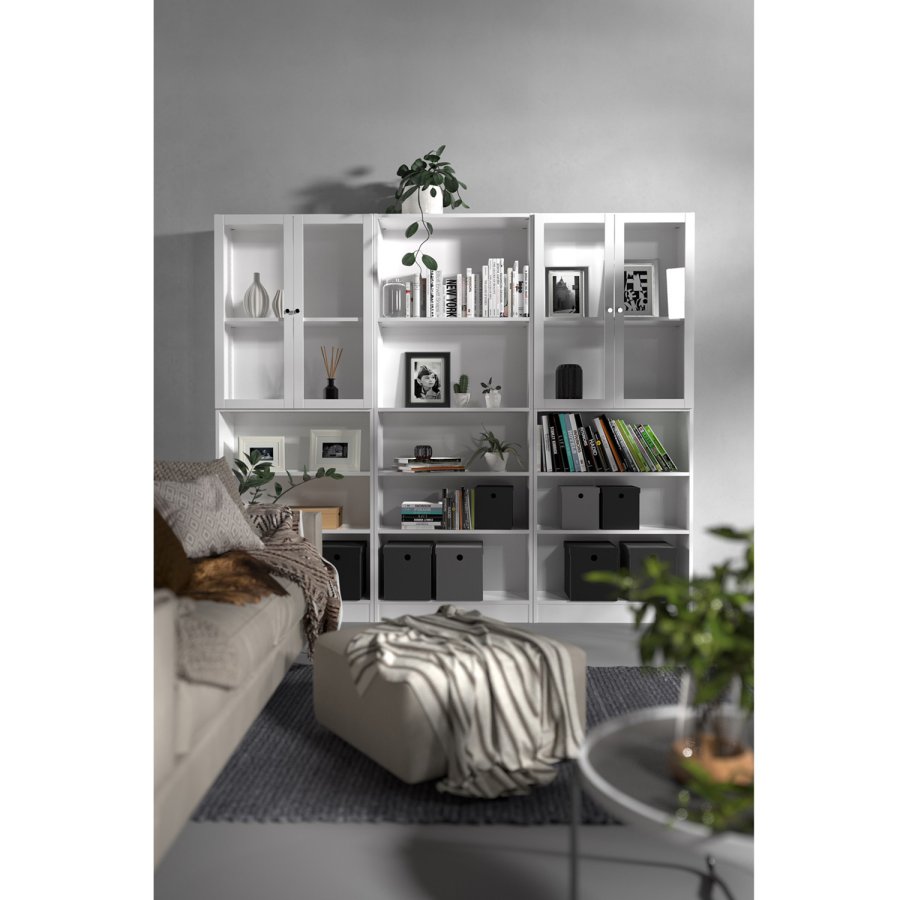 TVILUM Basic reol - klart glass og hvit, m. 2 drer og 4 hyller (H: 203,2 cm x 79 cm x 28,3 cm)