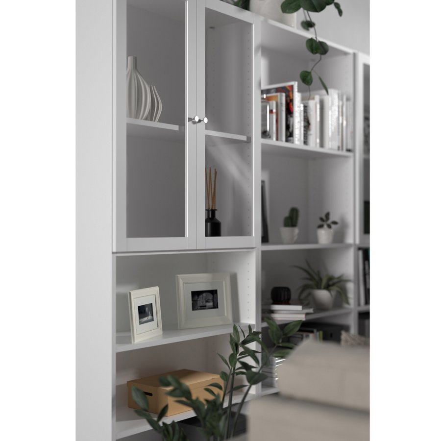 TVILUM Basic reol - klart glass og hvit, m. 2 drer og 4 hyller (H: 203,2 cm x 79 cm x 28,3 cm)