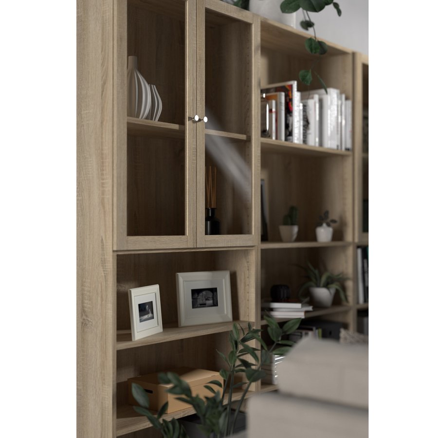 TVILUM Basic bokhylle, m. 2 glassdrer - eikefarget folie