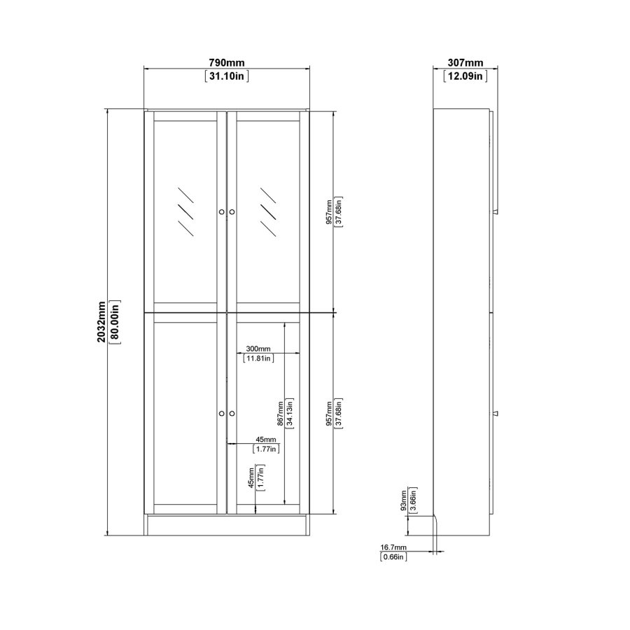 TVILUM Basic reol - klart/naturglass/eik struktur, m. 4 drer og 4 hyller (H: 203,3 cm x 79 cm x 28,3 cm)