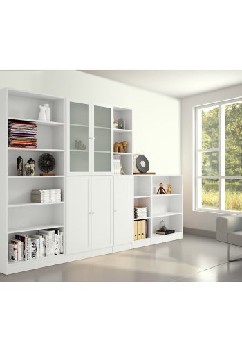 TVILUM Basic bokhylle - hvit/glass, m. 4 drer og 4 hyller (H: 203,2 cm x 79 cm x 28,3 cm)