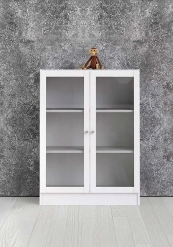 TVILUM Basic reol - klart glass og hvit, m. 2 drer og 2 hyller (H: 107,2 cm x 79 cm x 28,3 cm)