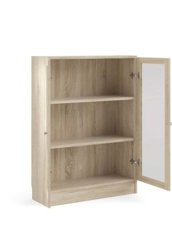 TVILUM Basic reol - klart/naturglass/eik struktur, m. 2 drer og 2 hyller (H: 107,2 cm x 79 cm x 28,3 cm)