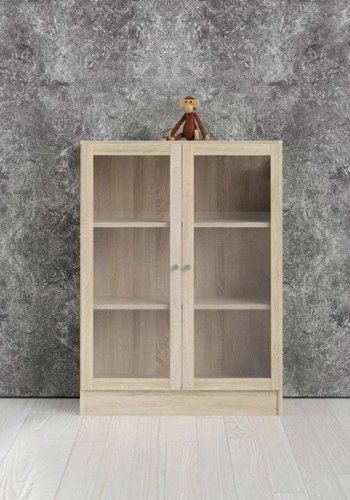 TVILUM Basic reol - klart/naturglass/eik struktur, m. 2 drer og 2 hyller (H: 107,2 cm x 79 cm x 28,3 cm)