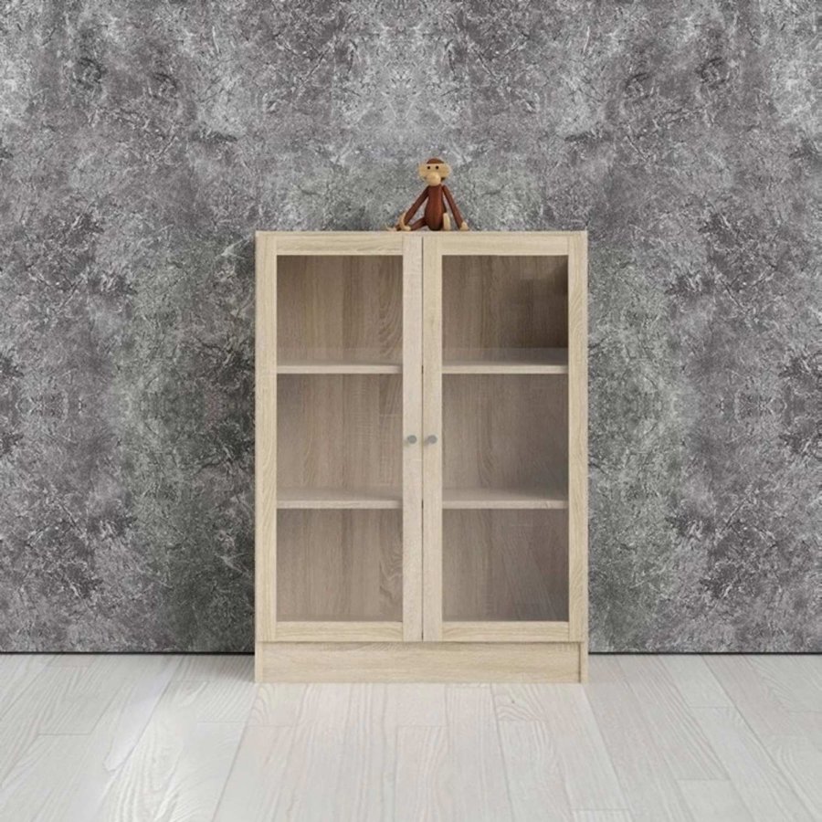 TVILUM Basic reol - klart/naturglass/eik struktur, m. 2 drer og 2 hyller (H: 107,2 cm x 79 cm x 28,3 cm)