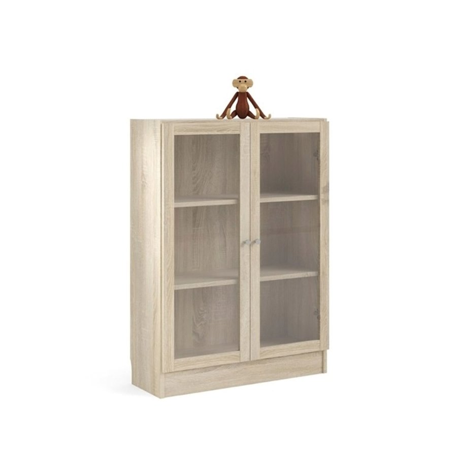 TVILUM Basic reol - klart/naturglass/eik struktur, m. 2 drer og 2 hyller (H: 107,2 cm x 79 cm x 28,3 cm)