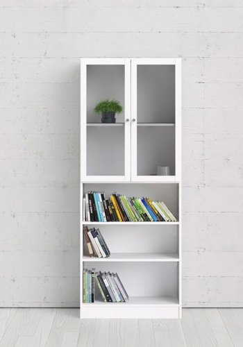 TVILUM Basic reol - klart glass og hvit, m. 2 drer og 4 hyller (H: 203,2 cm x 79 cm x 28,3 cm)