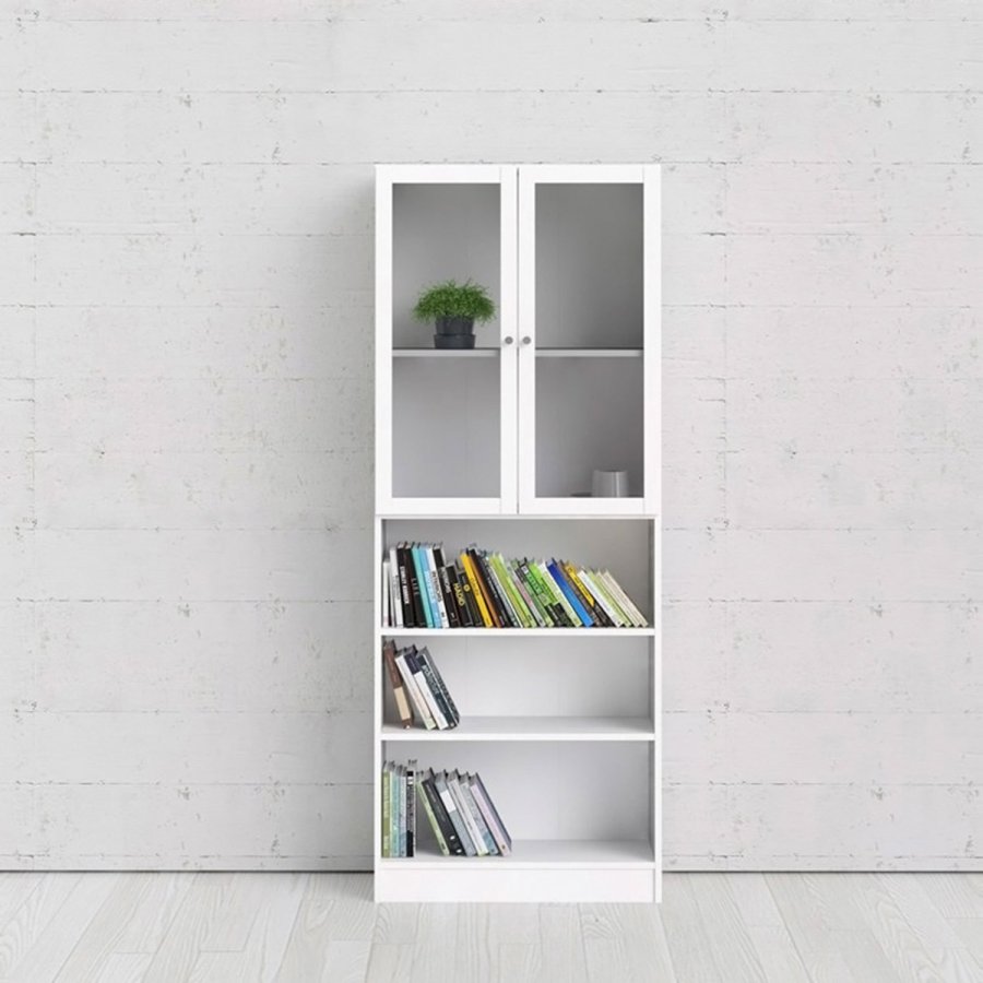 TVILUM Basic reol - klart glass og hvit, m. 2 drer og 4 hyller (H: 203,2 cm x 79 cm x 28,3 cm)