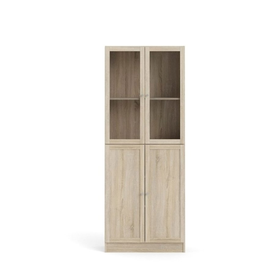 TVILUM Basic reol - klart/naturglass/eik struktur, m. 4 drer og 4 hyller (H: 203,3 cm x 79 cm x 28,3 cm)