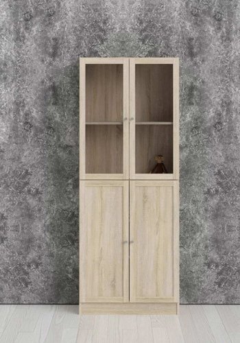 TVILUM Basic reol - klart/naturglass/eik struktur, m. 4 drer og 4 hyller (H: 203,3 cm x 79 cm x 28,3 cm)