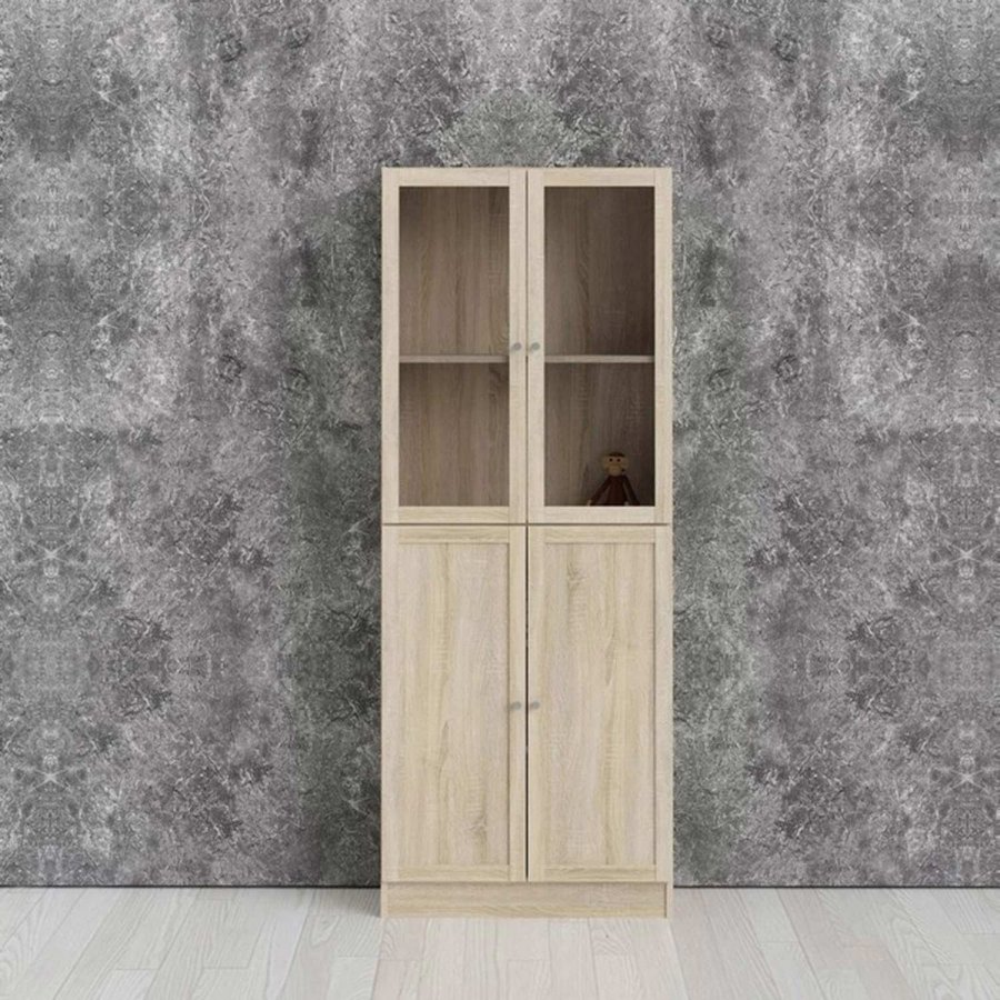 TVILUM Basic reol - klart/naturglass/eik struktur, m. 4 drer og 4 hyller (H: 203,3 cm x 79 cm x 28,3 cm)